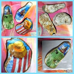 Handmade decoupaged oyster shells a day at the beach grouping